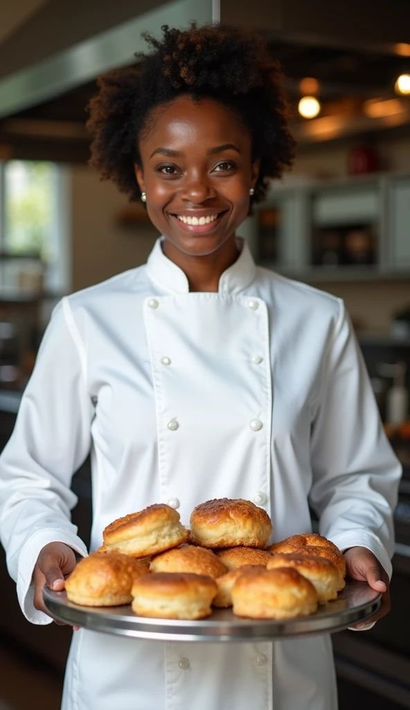Cheffe pâtissière souriante tenant un plateau de viennoiseries