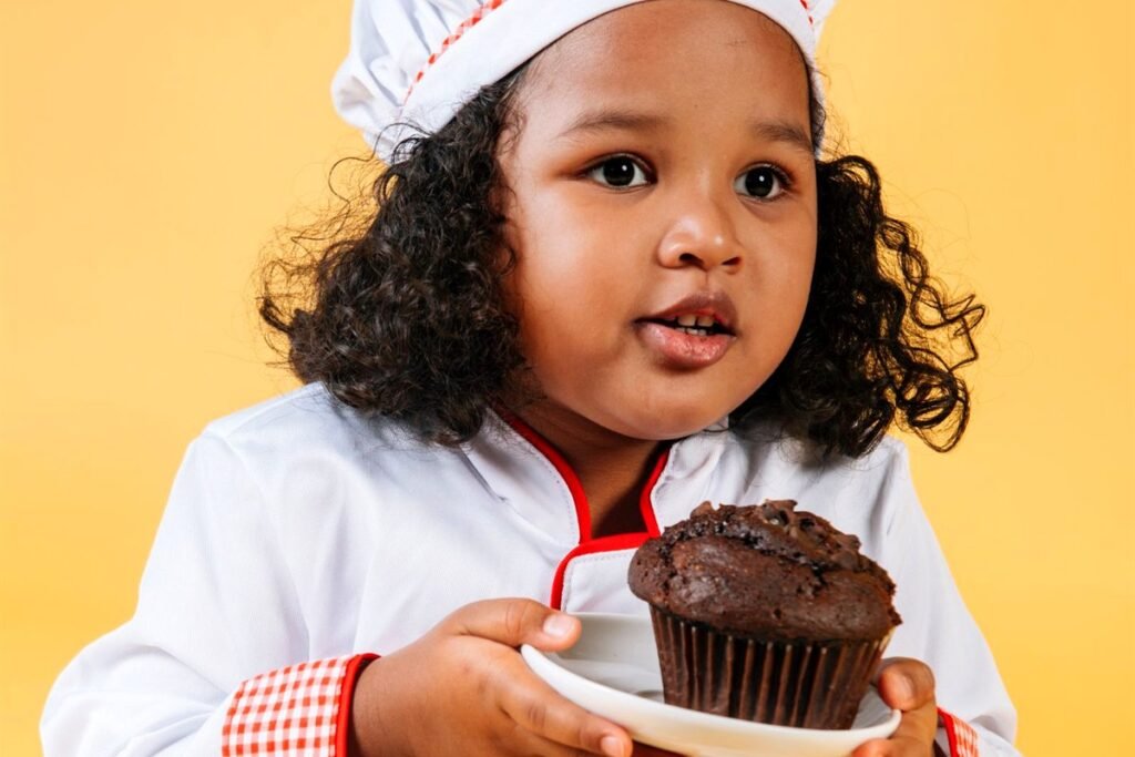 Enfant en tenue de chef tenant une assiette avec un muffin